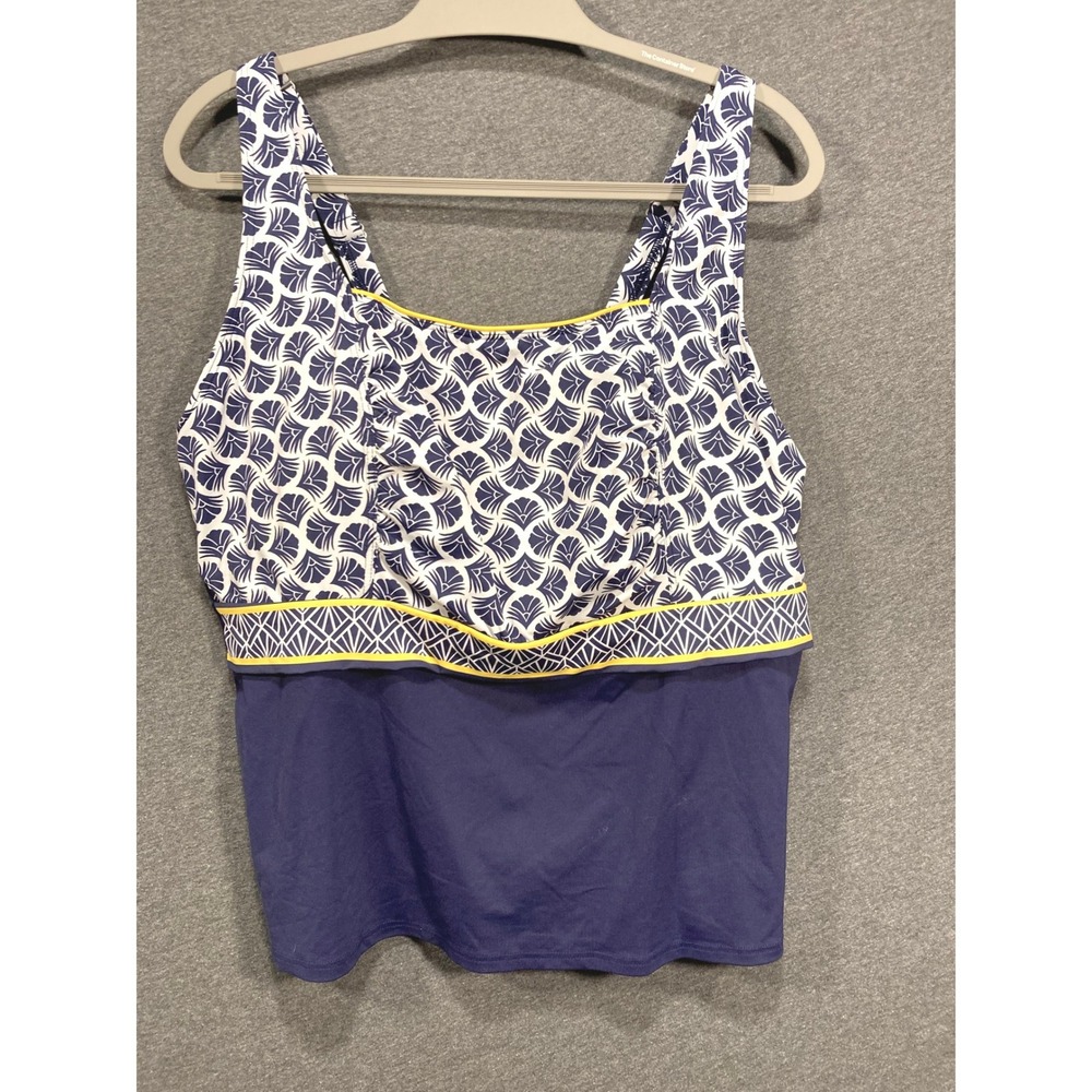 Lands End Womens 18W DDD Tankini Top Navy Blue Fan Print Underwire Bra Swimwear
